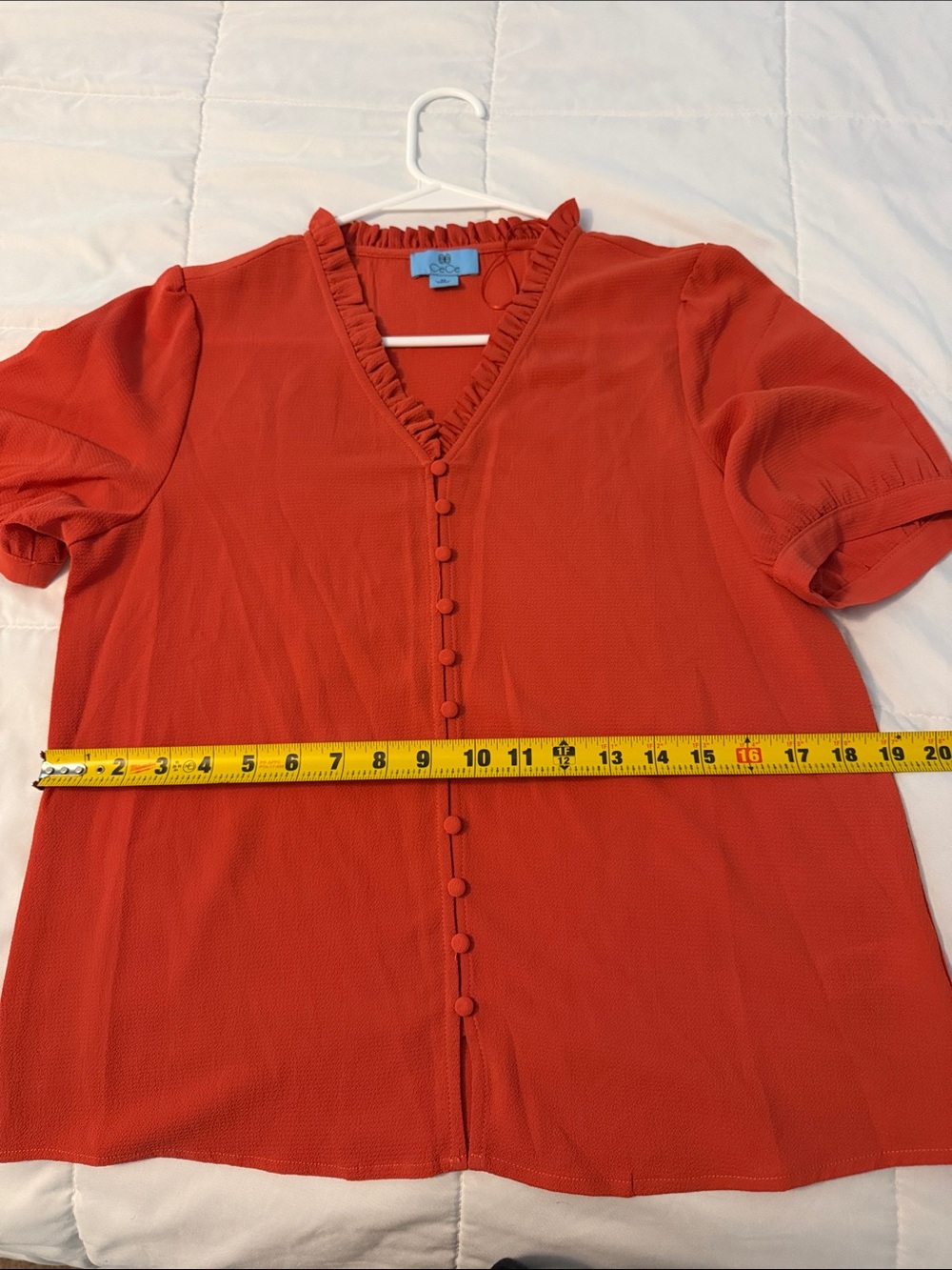 CeCe Red Ruffle V-Neck Covered Button Blouse - Picture 3 of 6